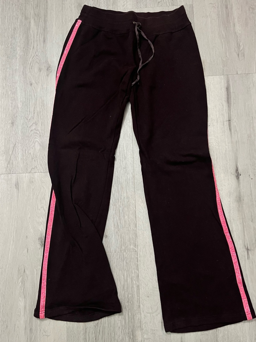 Bebe Vintage Chocolate Brown Sweatpants with Pink Sequin Side Stripes